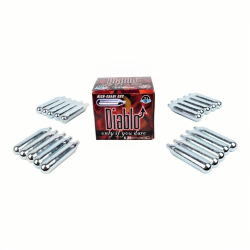 DIABLO 20 PACK CO2, Power your airsoft, airgun, or paintball gear with this reliable 20-piece set of premium 12g CO₂ cartridges